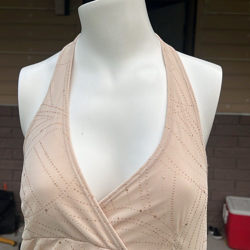 Taboo V-Neck Midi Length Dress high- Low gold sparkle - Picture 8 of 12